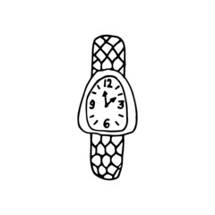 Antique classic wrist watch with oval dial, hands and leather strap. Doodle. Hand drawn Vector illustration. Outline.