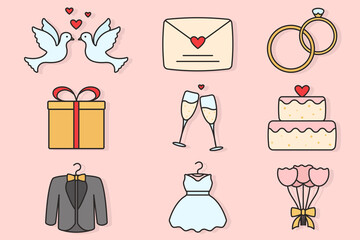 Set of round and outlined wedding vector icons with filling. Bouquet, dress, tuxedo, gift box, dove couple, champagne, marriage, love letter, rings