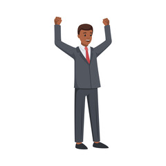 Office African American Man Character in Suit and Red Tie Standing and Cheering with Raised Hands Celebrating Success Vector Illustration