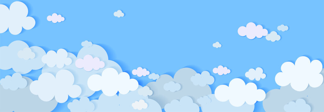 Blue sky with white clouds background. Paper cut style. Border of clouds. Simple cartoon design for poster, flyers, postcards, web banners... Creative vector illustration. Abstract sky panorama