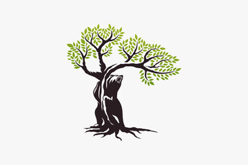 bear and tree logo with a bear standing hugging a tree