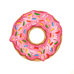 Delicious donut with pink icing isolated on white background. Realistic illustration. - obrazy, fototapety, plakaty