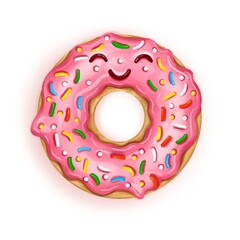 Illustration of a cute pink cartoon donut with pink icing. Realistic illustration.