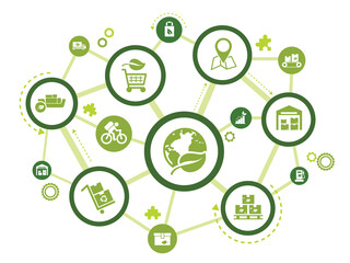 green supply chain vector illustration. Concept with connected icons related to sustainable logistics, environmentally friendly transport of goods, and co2 reduction.
