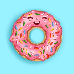 Illustration of a cute pink cartoon donut with pink icing. Realistic illustration.
