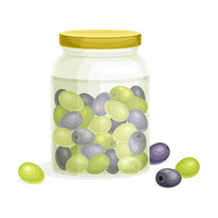 Canned Jar with Olives Cultivar with Small Green and Black Drupe Fruit in Marinade Vector Illustration