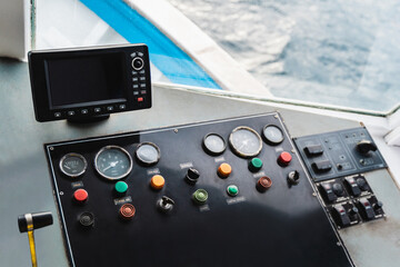 Control deck of vintage ship boat or vessel sailing on the sea