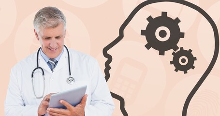 Composite of caucasian senior doctor using digital pc and human head with gears on peach background