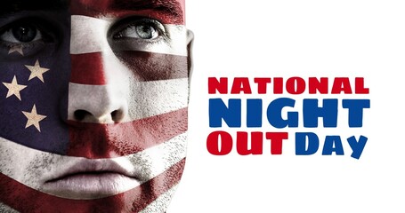Composite of caucasian man with painting of flag of america on face and national night out text