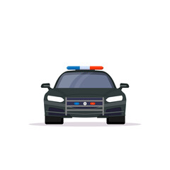 Front view of black police car with lights. Flat style vector illustration. Vehicle and transport banner. Modern patrol European car. Sedan police service black car with police lights.