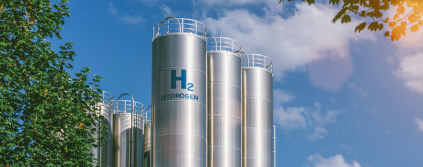 Hydrogen renewable energy production - hydrogen gas for clean electricity solar and windturbine facility - 510632197