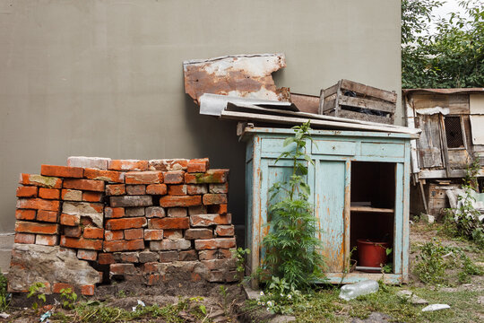 Folded old red brick and broken kitchen cabinet in the backyard. Backyard with building rubbish. Rural courtyard