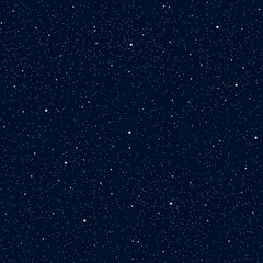 Realistic night starry sky seamless pattern. Many chaotic stars texture on dark blue background.  Vector cosmic space illustration, web template, celestial wallpaper, polka dot fabric, paper print.