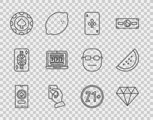 Set line Casino poker tournament invitation, Diamond, Playing card with clubs, Hand holding playing cards, chips, Laptop slot machine, 21 plus and watermelon icon. Vector