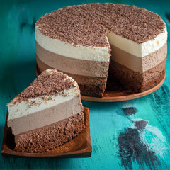 Triple chocolate mousse cake. Cream cake on aqua background.