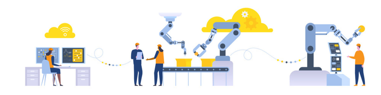 Assembly line with robotic arms and workers Male and female factory workers engineers Automated production process User connecting with a tablet and sharing data with a cyber-physical system Vector