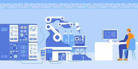 Robotized production line at contemporary plant. Flat color vector illustration. Worker at computer controlling manufacturing process 2D simple cartoon character. Workshop and equipment on background