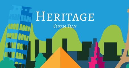 Vector image of various monuments with heritage open day text, copy space