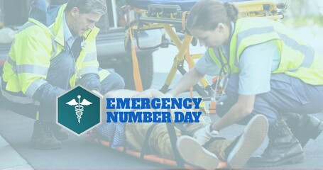 Digital composite image of caucasian paramedics helping man with emergency number day text