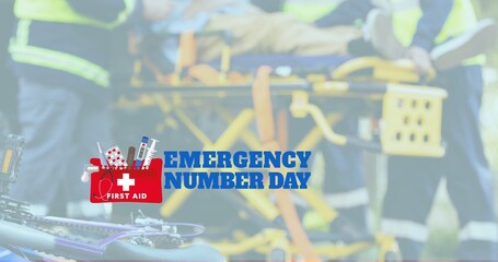 Digital composite image of emergency number day text with paramedics in background, copy space