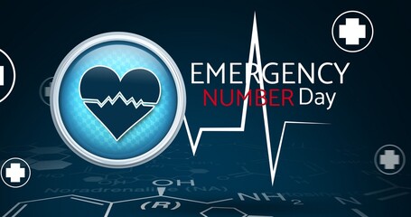 Illustration of emergency number day text with pulse trace and medical signs