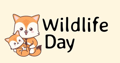 Vector image of foxes with wildlife day text on peach background, copy space