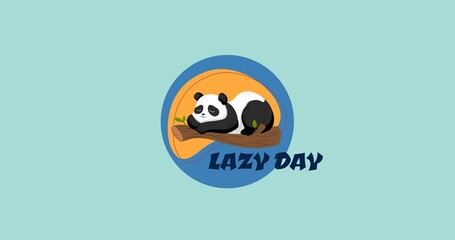 Vector image of sleeping panda on branch with lazy day text on blue background, copy space