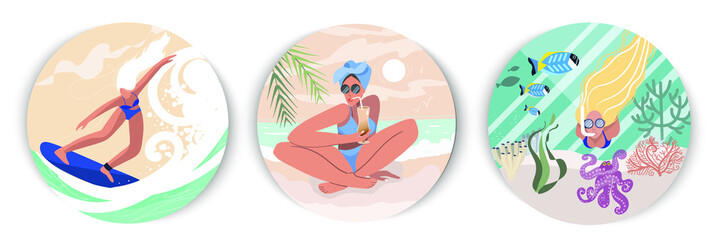 Fototapeta premium A set of three round designs, a girl is surfing, a girl is swimming underwater and a girl is drinking a cocktail on the beach. Vector illustration of summer time.