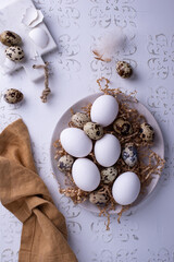 Bowl with chicken and quail raw eggs o