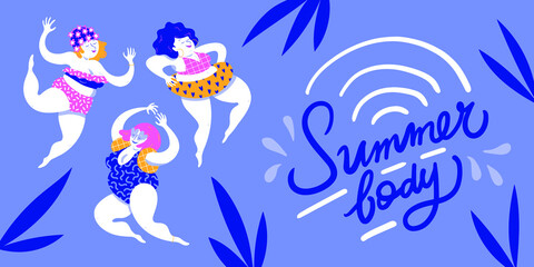 Fototapeta na wymiar Summer Body, happy women in swimsuits with buoys