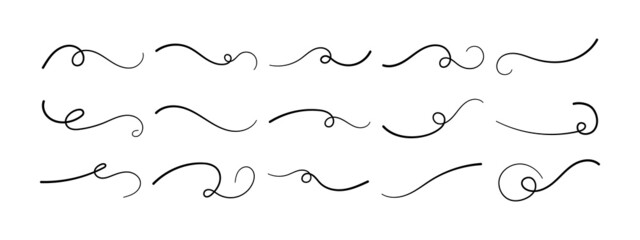 Swoosh underline hand drawing set. Calligraphic inscriptions emphasize the curved line. Vector typography elements. Collection of black brush strokes isolated on white background. Ornament of tails.