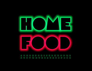 Vector neon Sign Home Food with. Modern Bright Font. Green Illuminated Alphabet Letters and Numbers set