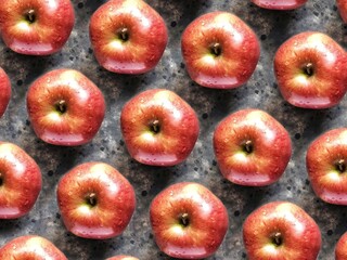 Pattern of red apples on black concrete background. Creative 3d flatlay with summer fruit.
