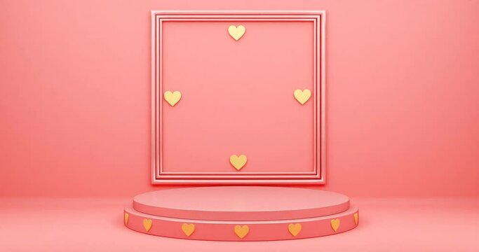 Realistic Matt pink and shine pink 3D cylinder pedestal podium with square window golden heart background. Valentine minimal scene for products showcase, 3D Render abstract studio room .4K video