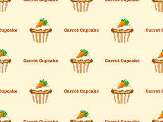 Cup cake cartoon character seamless pattern on yellow background. Pixel style