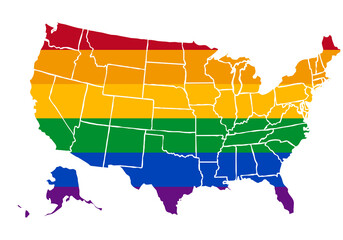Mapa de Estados Unidos con bandera del orgullo lgbtiq+. © Gabrieuskal
