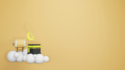 Islamic decoration background with bedug kaaba moon star for ramadan kareem mawlid iftar isra miraj eid al fitri muharram eid al adha copy text area 3d illustration