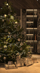 Christmas tree and luxury interior design living room with night light, fireplace, marble. 3d rendering illustration.