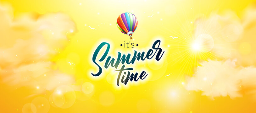 Summer Time Design with Colorful Air Balloon and Cloud on Sun Yellow Background. Vector Illustration with Typography Lettering and Phylodendron Leaf for Banner, Flyer, Invitation, Brochure, Poster or