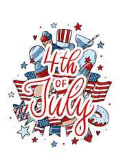 4th of July lettering quote decorated with doodles on white backgound. Good for posters, prints, cards, stickers, greeting cards, banners, etc. EPS 10