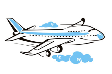 Passenger airplane in the sky, cartoon airplane. Vector illustration of airplane on white 