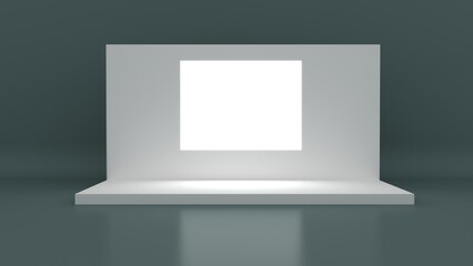Conference Stage Designs. Meeting event scene, party scene design. Empty stage design for mockup and corporate identity, display. Platform elements in hall. 	