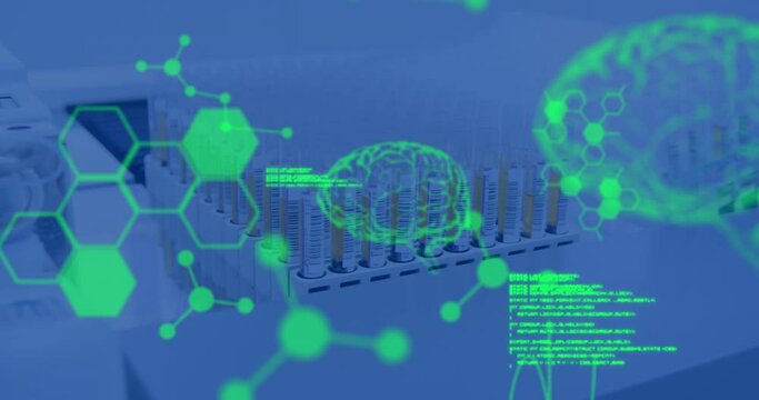Animation of data processing and chemical formula over test tubes in lab