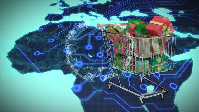 Animation of digital brain over world map and shopping cart with presents