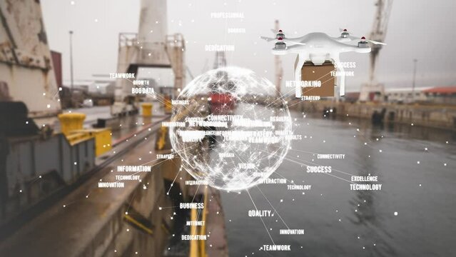 Animation of globe and digital drone over ships in port