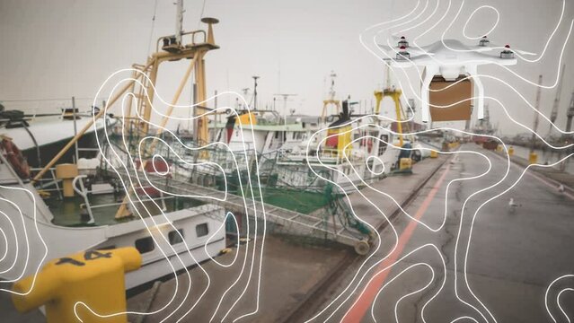 Animation of white lines and digital drone over ships in port