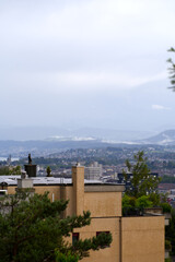 Aerial view over city of Zürich with mountains in the background seen from district Höngg on a cloudy summer day. Photo taken June 5th, 2022, Zurich, Switzerland.