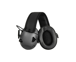 Protective headphones on a white. Safety equipment. Headphones for noise reduction. Light back.