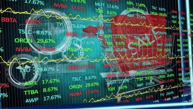 Animation of stock market over data processing and shopping cart with bags