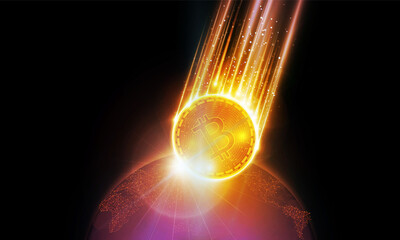 Abstract meteorite of Bitcoin in futuristic Light out technology background Hitech communication concept innovation background, vector design © photoraidz